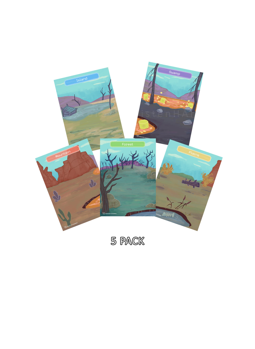 5 pack Lands Proxy Cards - Wasteland Whimsical Cartoon Themed Borderless Forest, Plains, Mountain, Swamp, Island