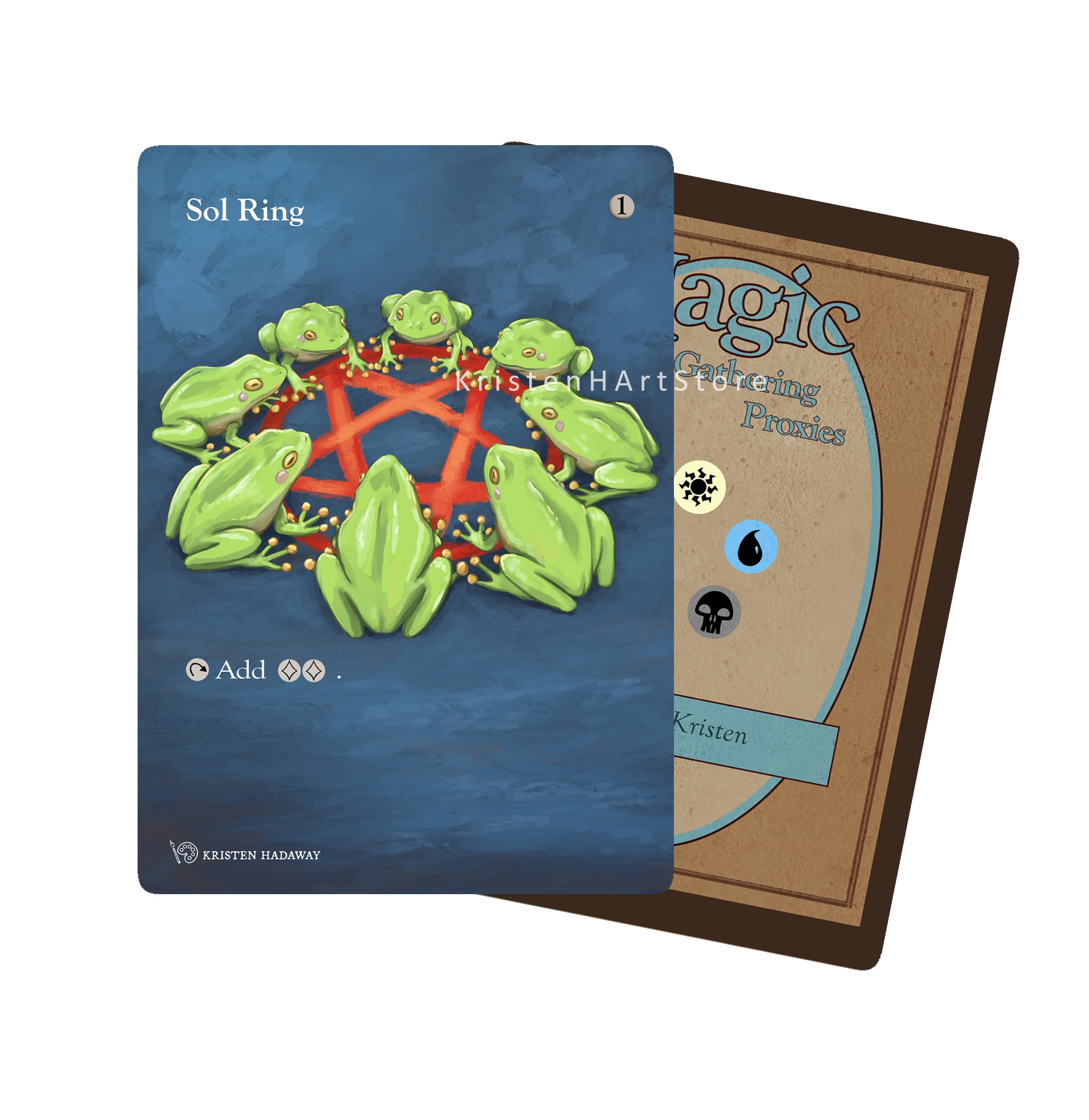 Magic: The Gathering card 'Sol Ring' from the Kristen set, showing the blue card face with green frogs and a pentagram, 